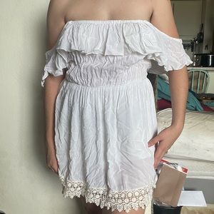 White strapless Elena Miro mid length dress with crochet trim